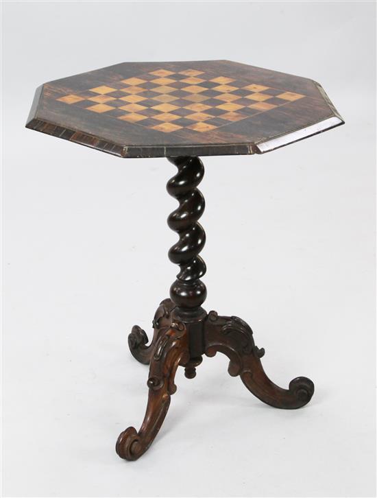 A Victorian rosewood and satinwood inlaid octagonal chess top occasional table, W. 1ft 9in. H 2ft 1in.